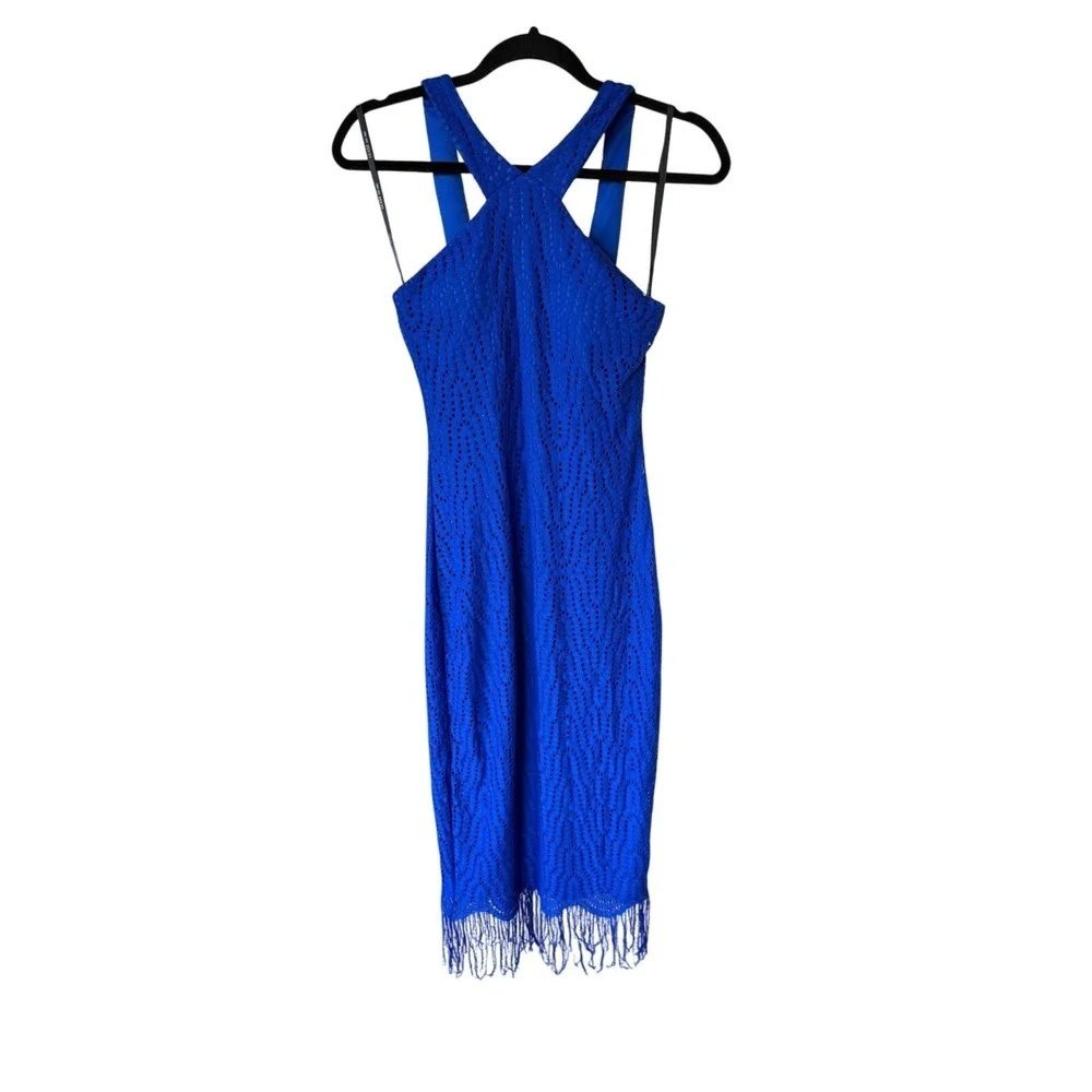 GUESS Dress 2 Blue Cross Halter Fringe‎ Eyelet Bodycon Cocktail Party